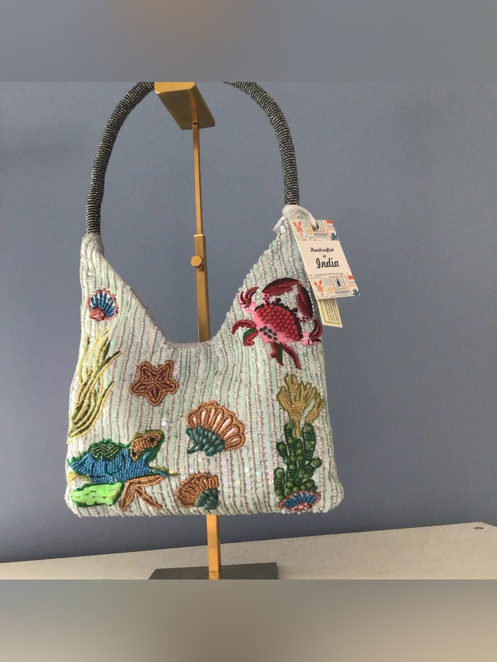 New Handcrafted Beaded Sea Life Motif Shoulder Bag - Light Blue